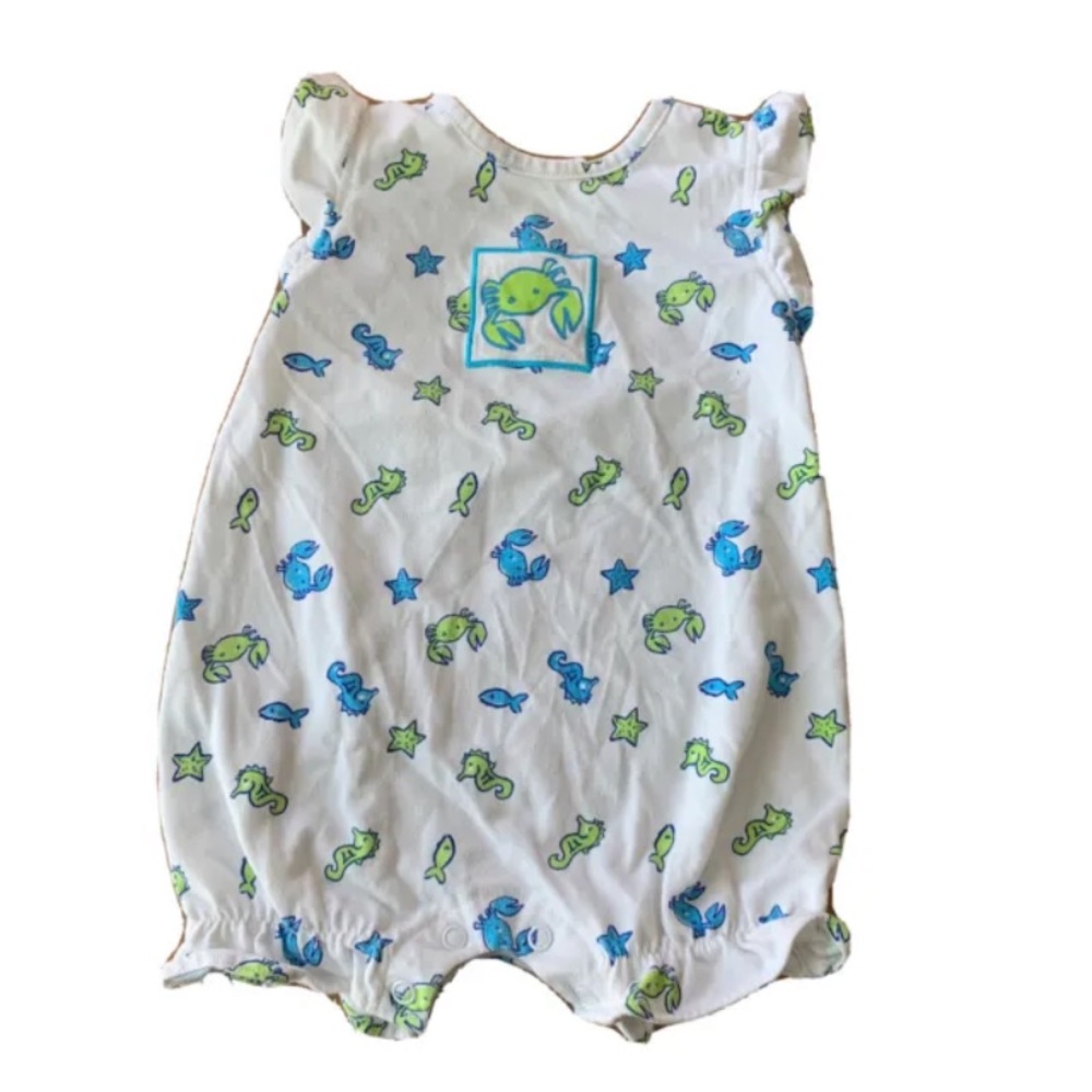 VINTAGE Baby Girl Romper Outfit 3-6 Mos Tropical Beach Ocean Crab Starfish 90s